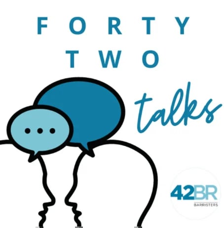 Two stick figures with speech bubbles containing text Forty Two Talks and 42BR Barristers logo